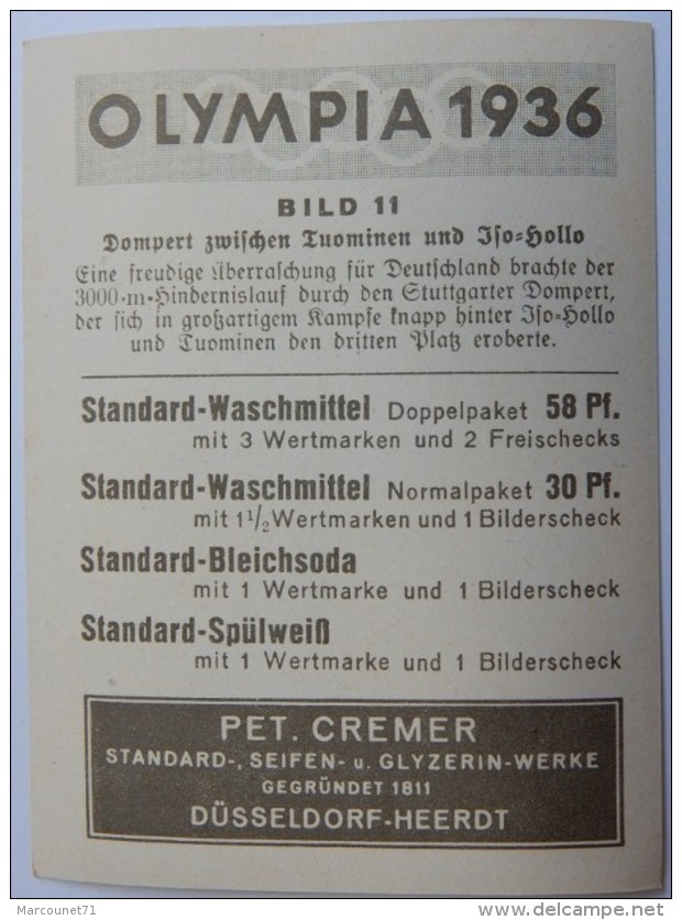VIGNETTE JEUX OLYMPIQUES J.O BERLIN OLYMPIA 1936 PET CREMER DUSSELDORF BILD 11 VOLMARI ISO-HOLLO 3000 METRES STEEPLE - Trading Cards