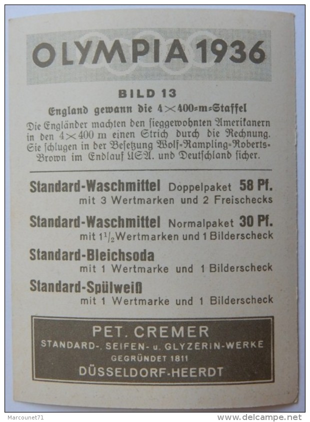 VIGNETTE JEUX OLYMPIQUES J.O BERLIN OLYMPIA 1936 PET CREMER DUSSELDORF BILD 13 WOLFF RAMPLING ROBERTS BROWN 4 X 400 M - Trading Cards