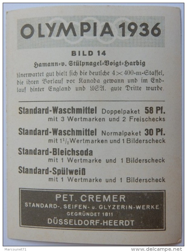 VIGNETTE JEUX OLYMPIQUES J.O BERLIN OLYMPIA 1936 PET CREMER DUSSELDORF BILD 14 HAMMAN VOIGT HARBIG STULPNAGEL 4 X 400 M - Trading-Karten