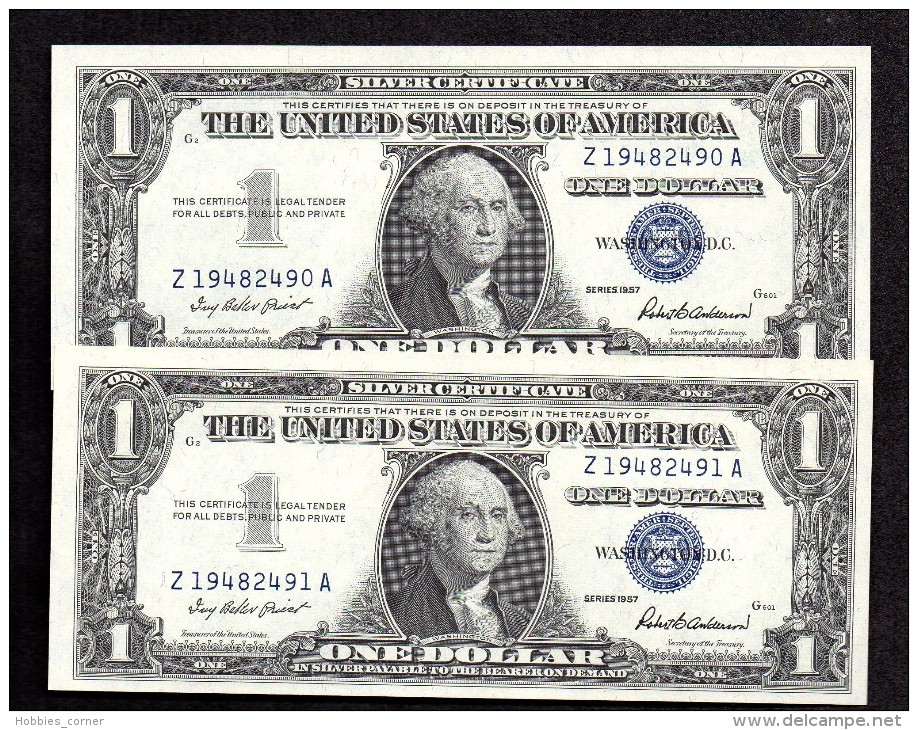 HC -1957 USA  1 DOLLAR SILVER CERTIFICATE SERIES 1957 - 2 CONSECUTIVE UNC NOTES - PICK # 419 - KL # 1462 - Fr # 1619 - Silver Certificates (1928-1957)