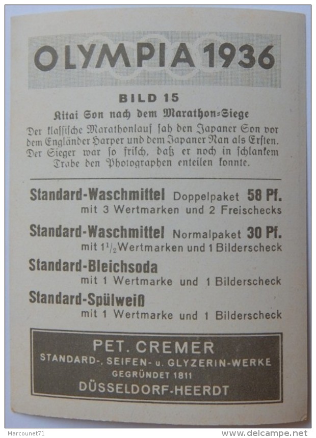 VIGNETTE JEUX OLYMPIQUES J.O BERLIN OLYMPIA 1936 PET CREMER DUSSELDORF BILD 15 MARATHON HOMMES SON KI-CHONG - Trading Cards