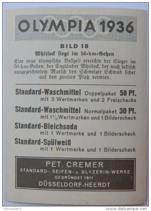 VIGNETTE JEUX OLYMPIQUES J.O BERLIN OLYMPIA 1936 PET CREMER DUSSELDORF BILD 18 HECTOR WITHLOCK 50 KMS MARCHE HOMME - Tarjetas