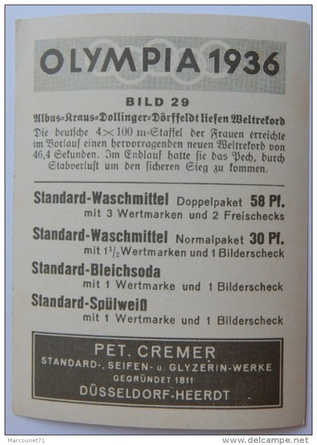 VIGNETTE JEUX OLYMPIQUES J.O BERLIN OLYMPIA 1936 PET CREMER DUSSELDORF BILD 29 USA 4 X 100 METRES FEMMES - Trading Cards