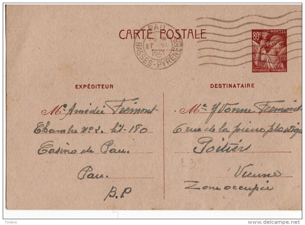 Entier Postal 80 C Iris Casino De Pau - 2. Weltkrieg 1939-1945