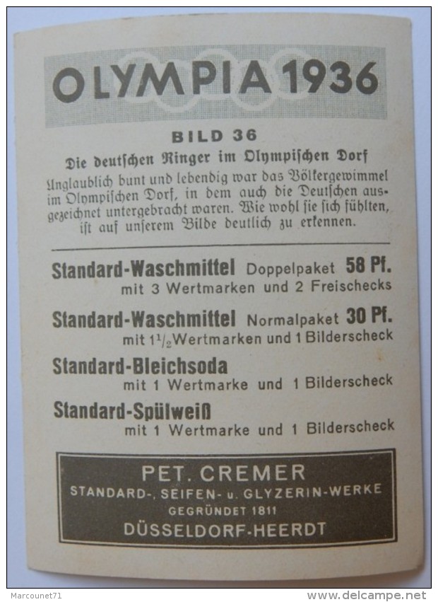 VIGNETTE JEUX OLYMPIQUES J.O BERLIN OLYMPIA 1936 PET CREMER DUSSELDORF BILD 36 EQUIPE ALLEMANDE PROPAGANDE - Tarjetas