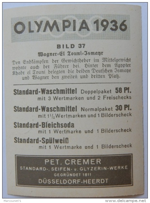 VIGNETTE JEUX OLYMPIQUES J.O BERLIN OLYMPIA 1936 PET CREMER DUSSELDORF BILD 37 POIDS MOYEN EL TOUNI EGYPTE - Trading Cards