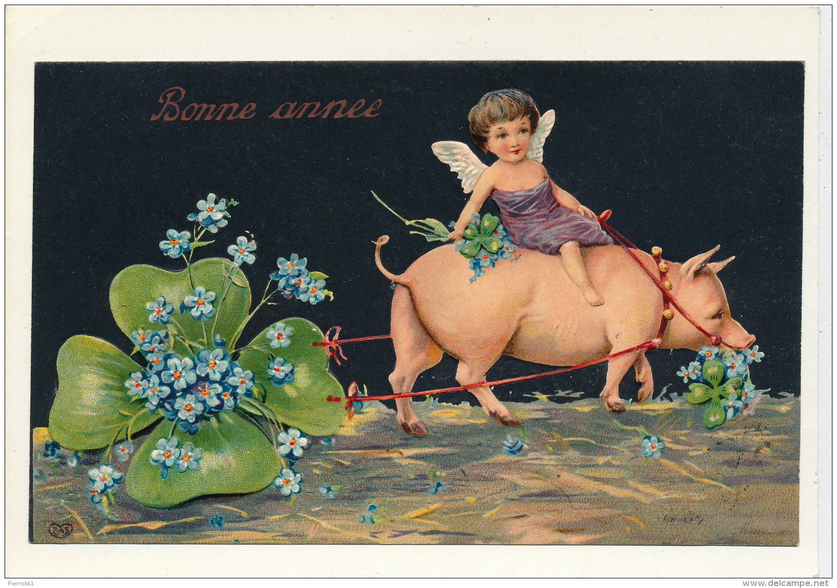 ENFANTS - ANGES - PIG - Jolie Carte Fantaisie Gaufrée Angelot Trèfle Cochon De "Bonne Année" (embossed Postcard) - Nouvel An