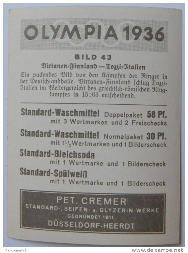 VIGNETTE JEUX OLYMPIQUES J.O BERLIN OLYMPIA 1936 PET CREMER DUSSELDORF BILD 43 LUTTE - Trading Cards
