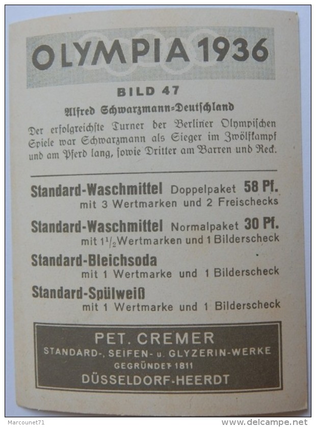 VIGNETTE JEUX OLYMPIQUES J.O BERLIN OLYMPIA 1936 PET CREMER DUSSELDORF BILD 47 ALFRED SCHWARZMANN SAUT - Trading Cards