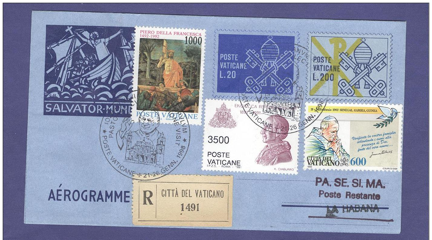 VATICAN VATICANO 1998 AEROGRAMME REGISTERED POPE JOHN PAUL II Travel To LA HABANA (CUBA) (8019 - Lettres & Documents