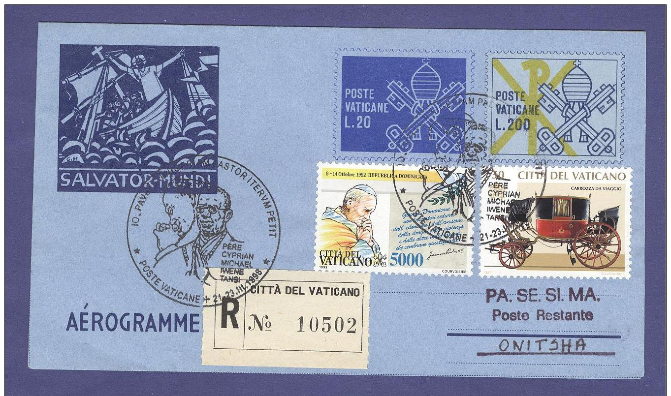 VATICAN VATICANO 1998 AEROGRAMME REGISTERED POPE JOHN PAUL II Travel To ONITSHA (NIGERIA) (8020 - Lettres & Documents