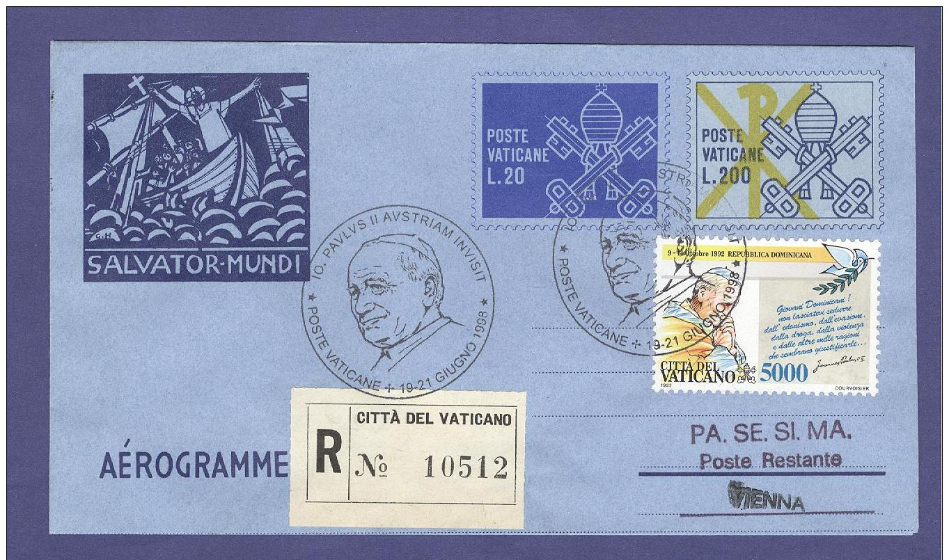 VATICAN VATICANO 1998 AEROGRAMME REGISTERED POPE JOHN PAUL II Travel To VIENNA (AUSTRIA) (8018 - Lettres & Documents