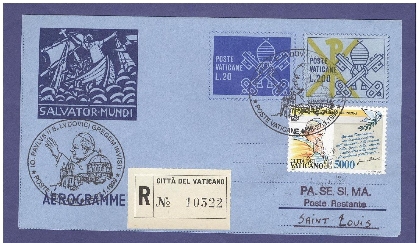 VATICAN VATICANO 1999 AEROGRAMME REGISTERED POPE JOHN PAUL II Travel To SAINT LOUIS (USA) (8023 - Lettres & Documents