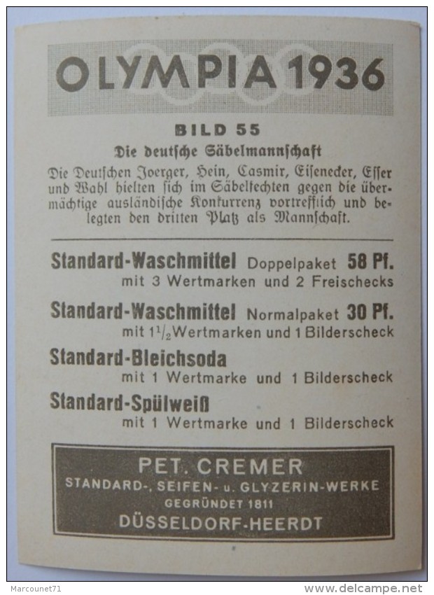 VIGNETTE JEUX OLYMPIQUES J.O BERLIN OLYMPIA 1936 PET CREMER DUSSELDORF BILD 55 EQUIPE ALLEMANDE FECHTEN FENCINGN - Trading Cards