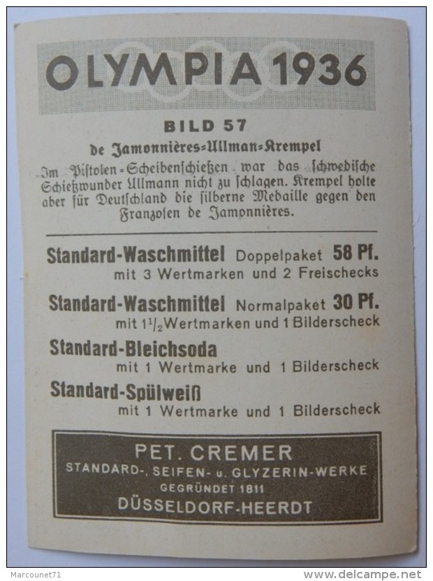 VIGNETTE JEUX OLYMPIQUES J.O BERLIN OLYMPIA 1936 PET CREMER DUSSELDORF BILD 57 TIR DE JAMONNIERES - Trading Cards
