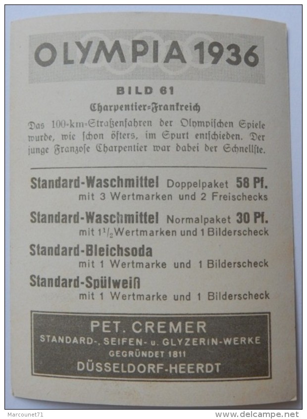 VIGNETTE JEUX OLYMPIQUES J.O BERLIN OLYMPIA 1936 PET CREMER DUSSELDORF BILD 61 CYCLISME ROBERT CHARPENTIER - Trading Cards