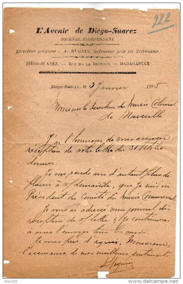 Lettre L'avenir De Diégo Suarez Rue De La Réunion Madagascar Directeur A Hugnin  Signée 3 Janvier 1895 - Autres & Non Classés