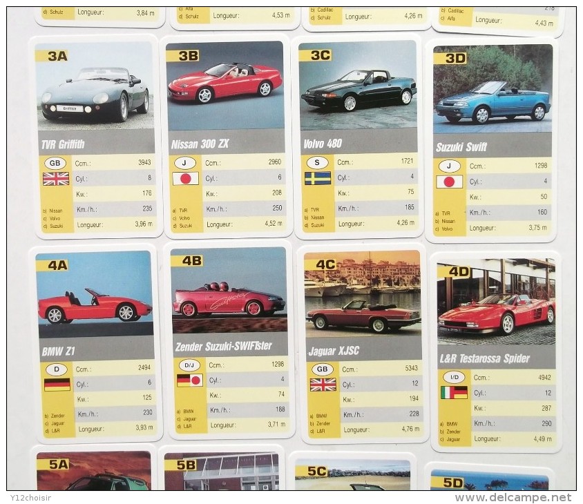 JEU DES FAMILLES 32 CARTES COMPLET AUTOMOBILES CABRIOLET LOTUS CADILLAC MERCEDES VOLVO JAGUAR TESTAROSSA PORSCHE .... - Autres & Non Classés