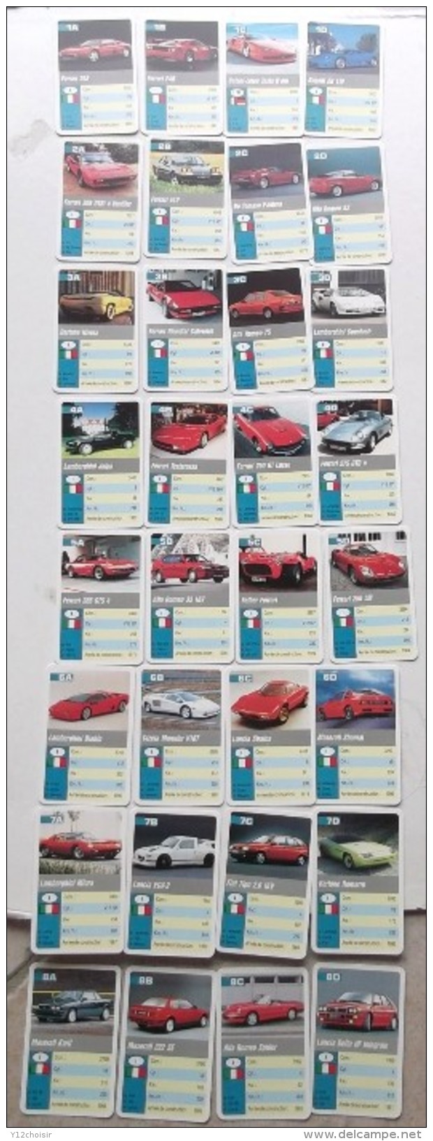 JEU DES FAMILLES 32 CARTES COMPLET AUTOMOBILES SPORT FERRARI BUGATTI LAMBORGHINI ALFA ROMEO MASERATI LANCIA FIAT ..... - Autres & Non Classés