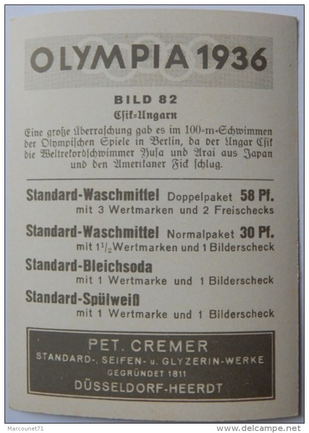VIGNETTE JEUX OLYMPIQUES J.O BERLIN OLYMPIA 1936 PET CREMER DUSSELDORF BILD 82 NATATION SCHWIMMEN - Trading Cards