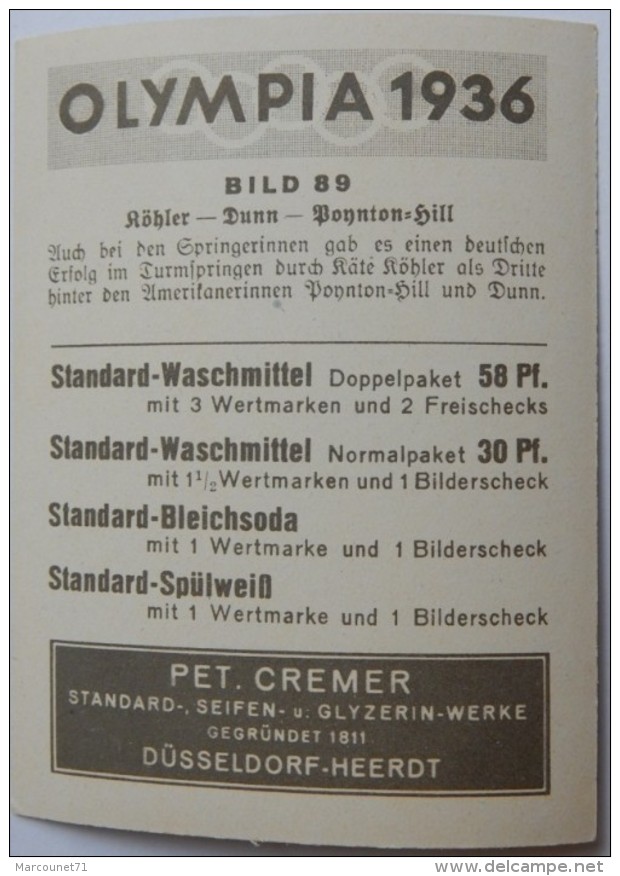 VIGNETTE JEUX OLYMPIQUES J.O BERLIN OLYMPIA 1936 PET CREMER DUSSELDORF BILD 89 NATATION - Trading Cards