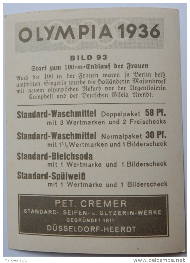 VIGNETTE JEUX OLYMPIQUES J.O BERLIN OLYMPIA 1936 PET CREMER DUSSELDORF BILD 93 NATATION 100 METRES - Trading Cards
