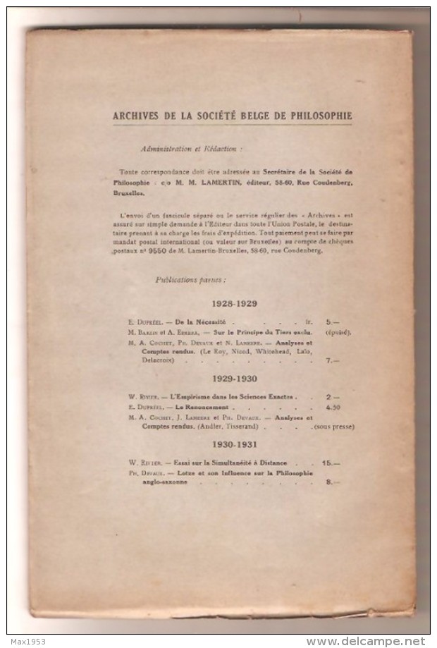 W.RIVIER - Essai Sur La Simultanéité à Distance - Bruxelles Lamertin, 1932 - Sciences