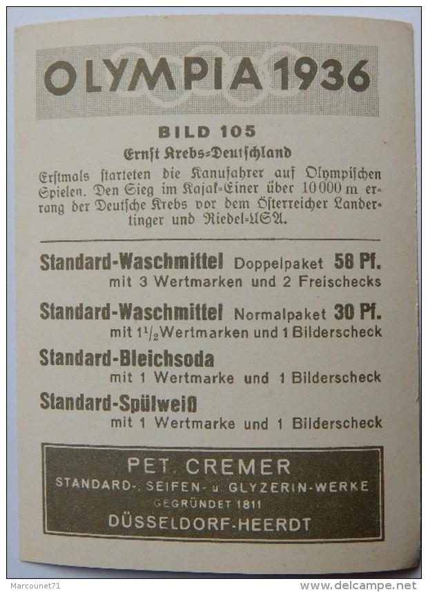 VIGNETTE JEUX OLYMPIQUES J.O BERLIN OLYMPIA 1936 PET CREMER DUSSELDORF BILD 105 AVIRON - Trading Cards