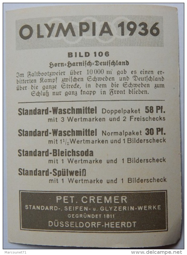VIGNETTE JEUX OLYMPIQUES J.O BERLIN OLYMPIA 1936 PET CREMER DUSSELDORF BILD 106 AVIRON - Trading Cards