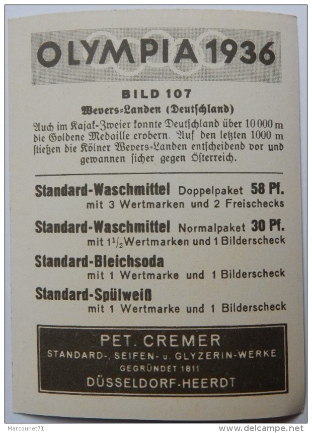 VIGNETTE JEUX OLYMPIQUES J.O BERLIN OLYMPIA 1936 PET CREMER DUSSELDORF BILD 107 AVIRON - Trading Cards