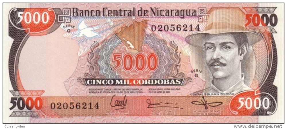 Nicaragua P146, 5,000 Cordoba, General Benjamin Zeledon / Nat'l Assembly Bldg - Nicaragua