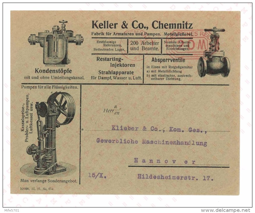 COVER CHEMNITZ TO HANNOVER KELLER & Co. - FABRIK FUR ARMATUREN UND PUMPEN METALLGIEßEREL 1932 - Machines