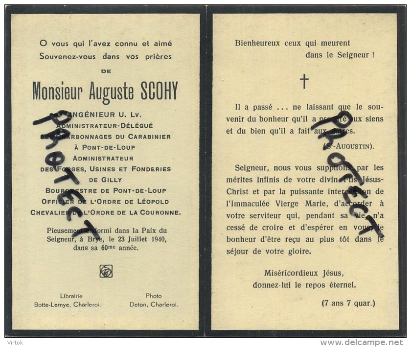 Pont-De-Loup :  Monsieur Auguste Scohy : Bourgemestre - Ingénieur Des Charbonage  Fonderies De Gilly ( 2 Scan ) - Aiseau-Presles