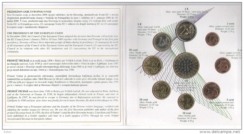 SLOVENIJA EVRO KOVANCI SLOVENIA EURO COINS 2008 PRIMOZ TRUBAR - Slovenië