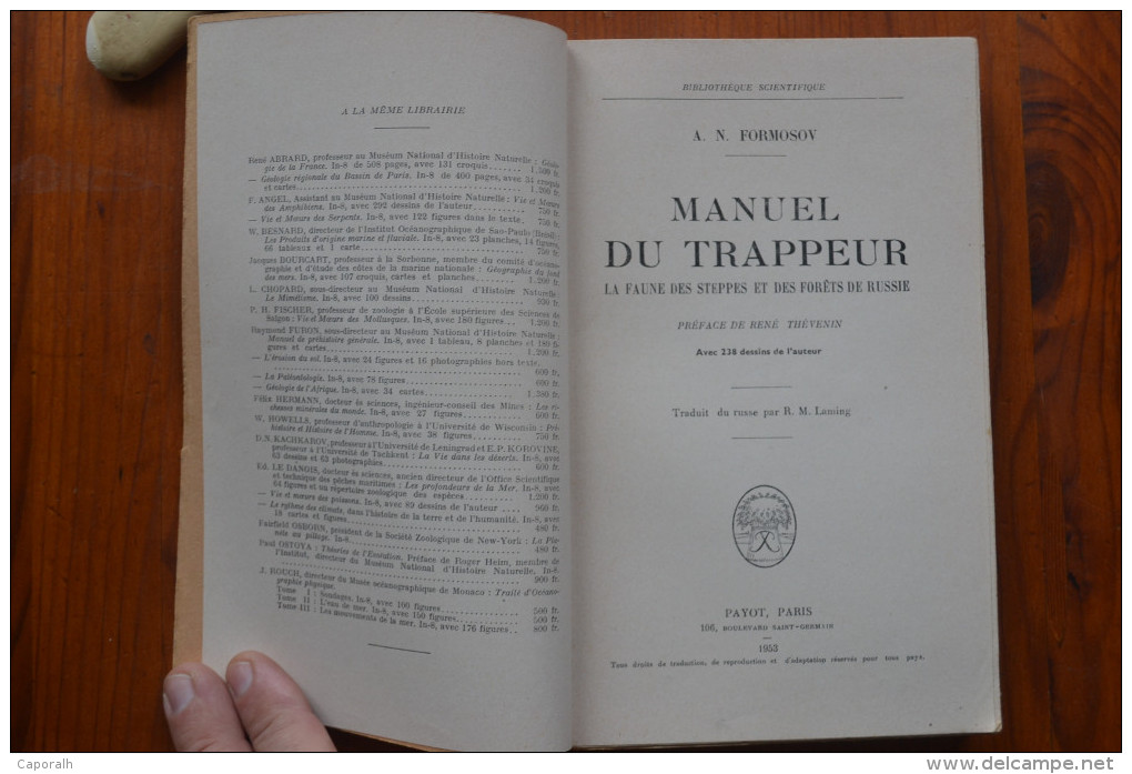 Manuel Du Trappeur. A.N. Forosov. La Faune Des Steppes Et Des Forêts De Russie. Payot. 1953. - Chasse/Pêche