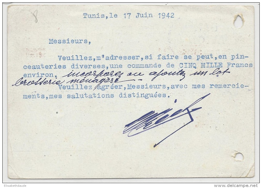 TUNISIE - 1942 - CARTE ENTIER Par AVION SUCHARGEE 2F30 De TUNIS Pour MARSEILLE - Cartas & Documentos