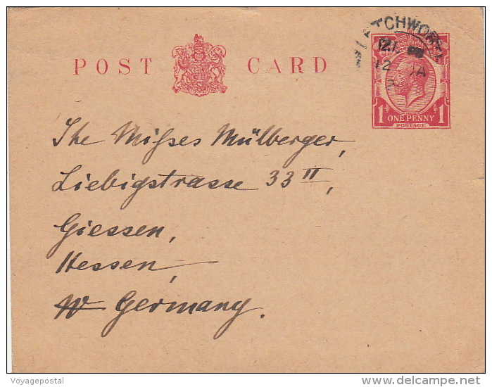 Entier CaD LETCHWORTH Pour L'Allemagne 1920 - Entiers Postaux