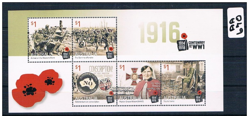 Australia 2016  Ww1 Centenary  5 Val Mini Sheet Muh  AA670 - Nuovi