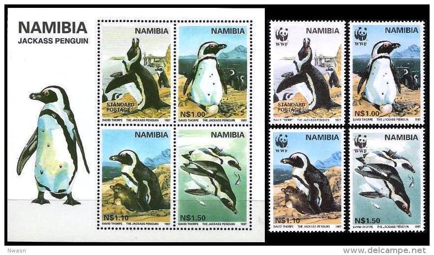 WWF Namibia 1997 Birds Jackass Penguin MNH Set + Souvenir Sheet - Unused Stamps