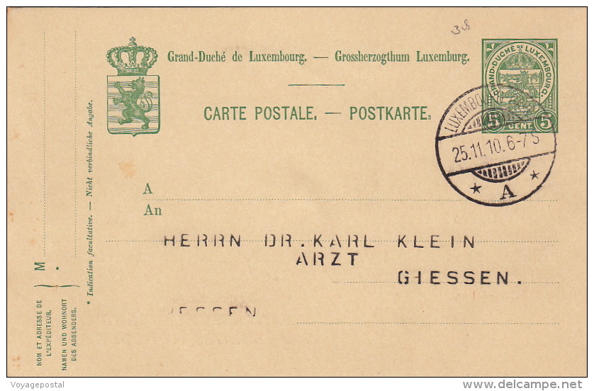 Entier Postal CaD Luxembourg Gare Pour L'Allemagne 1910 - Postwaardestukken