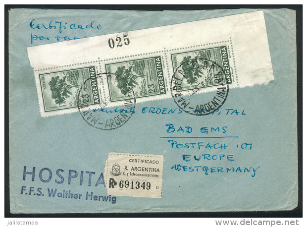 GJ.1311A, Marginal Strip Of 3 With Sheet Number "025", On A Registered Cover Sent From Mar Del Plata To Germany On... - Sonstige & Ohne Zuordnung