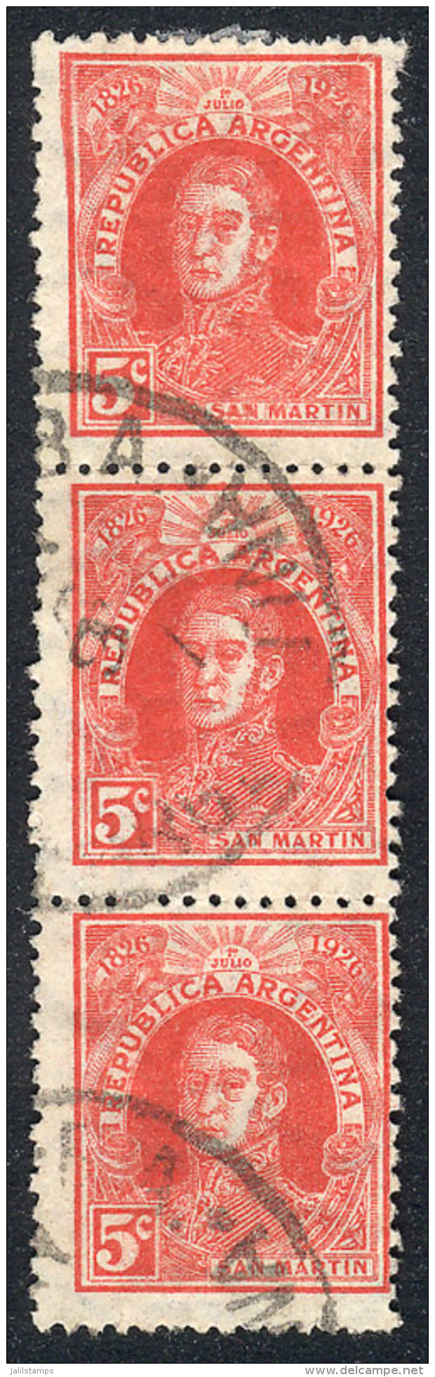 GJ.623b, 5c., Strip Of 3, Double Impression (one Light), Used. Catalog Value US$21. - Sonstige & Ohne Zuordnung