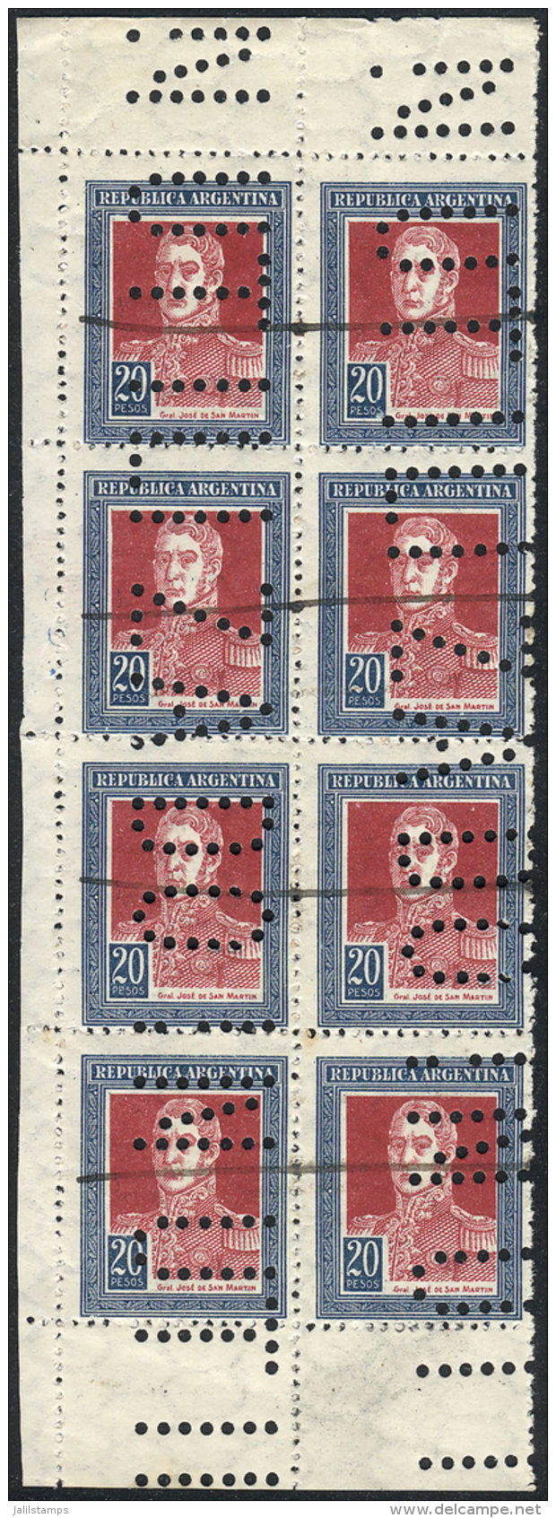 GJ.593O, 20$ San Martín 1923 With Period, Horizontal Honeycomb Wmk, Block Of 8 Stamps, Punch Cancel... - Sonstige & Ohne Zuordnung
