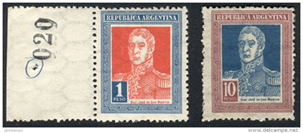GJ.590 + 592, San Martín With Period 1$ Sheet Margin (020), Mint Never Hinged + 10$ Mint, Superb. Catalog... - Sonstige & Ohne Zuordnung