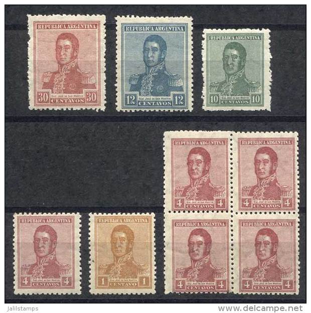 GJ.550 + 553 + 555 + 558, San Martín 1917, Perforation 13&frac14;: 1c., 4c. Single And Block Of 4, 10c.,... - Sonstige & Ohne Zuordnung