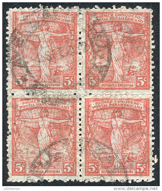 GJ.542, Perforation 13&frac14;, RA In Sun Wmk Printed On Front, Block Of 4 Used In Avellaneda (Buenos Aires), Very... - Sonstige & Ohne Zuordnung