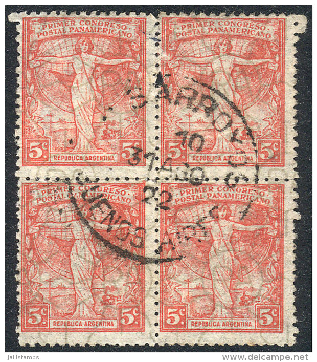 GJ.541, Perf 13&frac14; X 12&frac12;, RA In Sun Wmk Printed On Front, Block Of 4 Used In TRES ARROYOS (Buenos... - Sonstige & Ohne Zuordnung