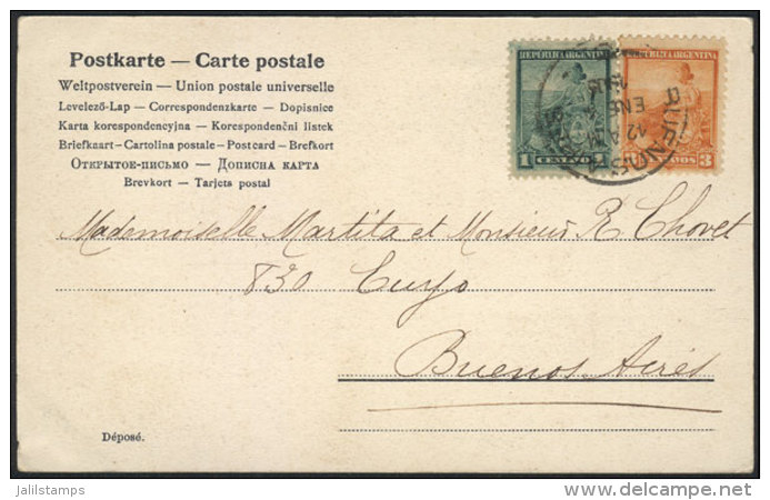 GJ.240 + 220, Seated Liberty, 1c. Perf 12&frac14; And 3c. Perf 11&frac12;, On A Postcard Used In Buenos Aires, Very... - Sonstige & Ohne Zuordnung