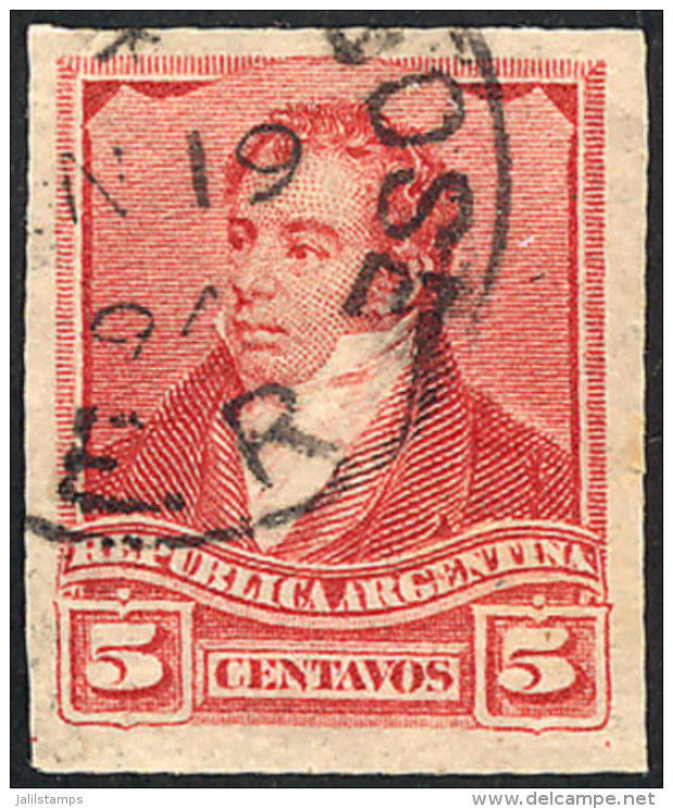 GJ.141P, 5c. Rivadavia, Small Sun Wmk, Imperforate Single, Used, VF! Catalog Value (mint Pair) US$35. - Sonstige & Ohne Zuordnung