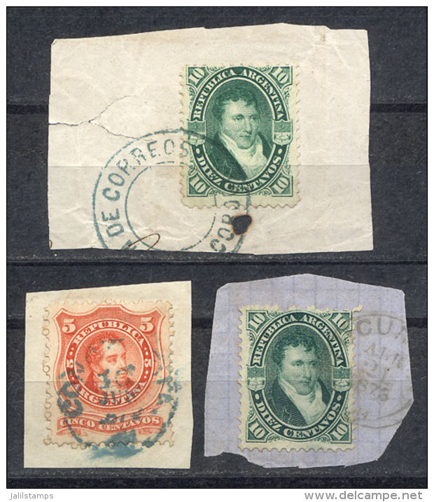 GJ.38 + 39, 5c. Rivadavia And 10c. Belgrano, Lot Of 3 Fragments With Cancels: GJ.38 Circular Datestamp Of Concordia... - Sonstige & Ohne Zuordnung